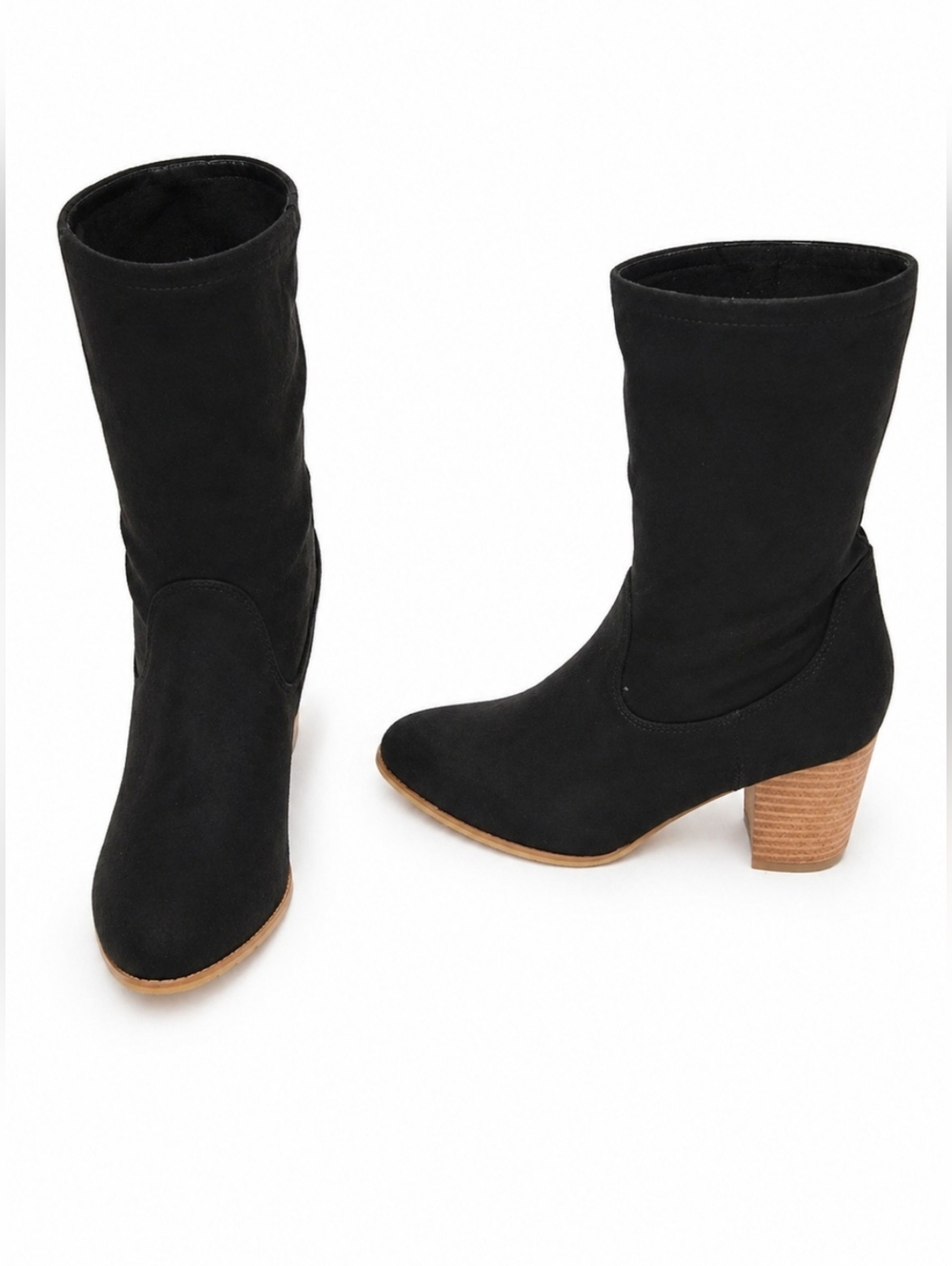 Women's Black Mid-Calf Slip-On Soft Suede Block Heel Boots Size 8